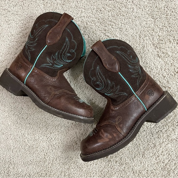 Women's ARIAT Brown & Turquoise FAT BABY Western COWGIRL Chore COWBOY BOOTS 9.5 - Picture 4 of 7